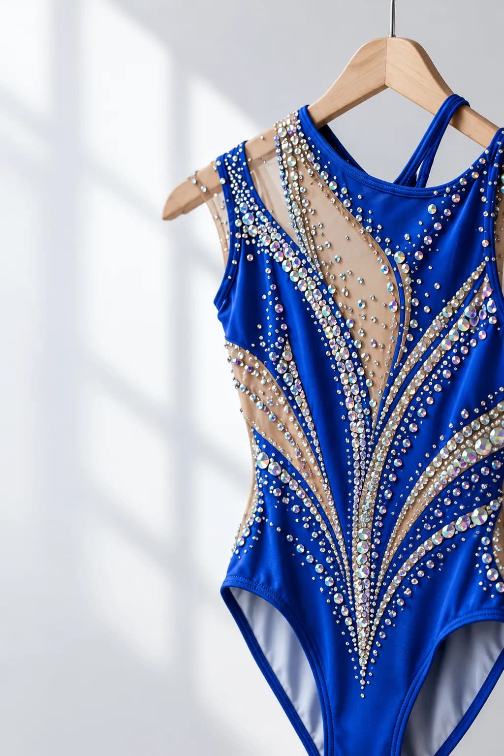 Maillot azul con cristales en una percha